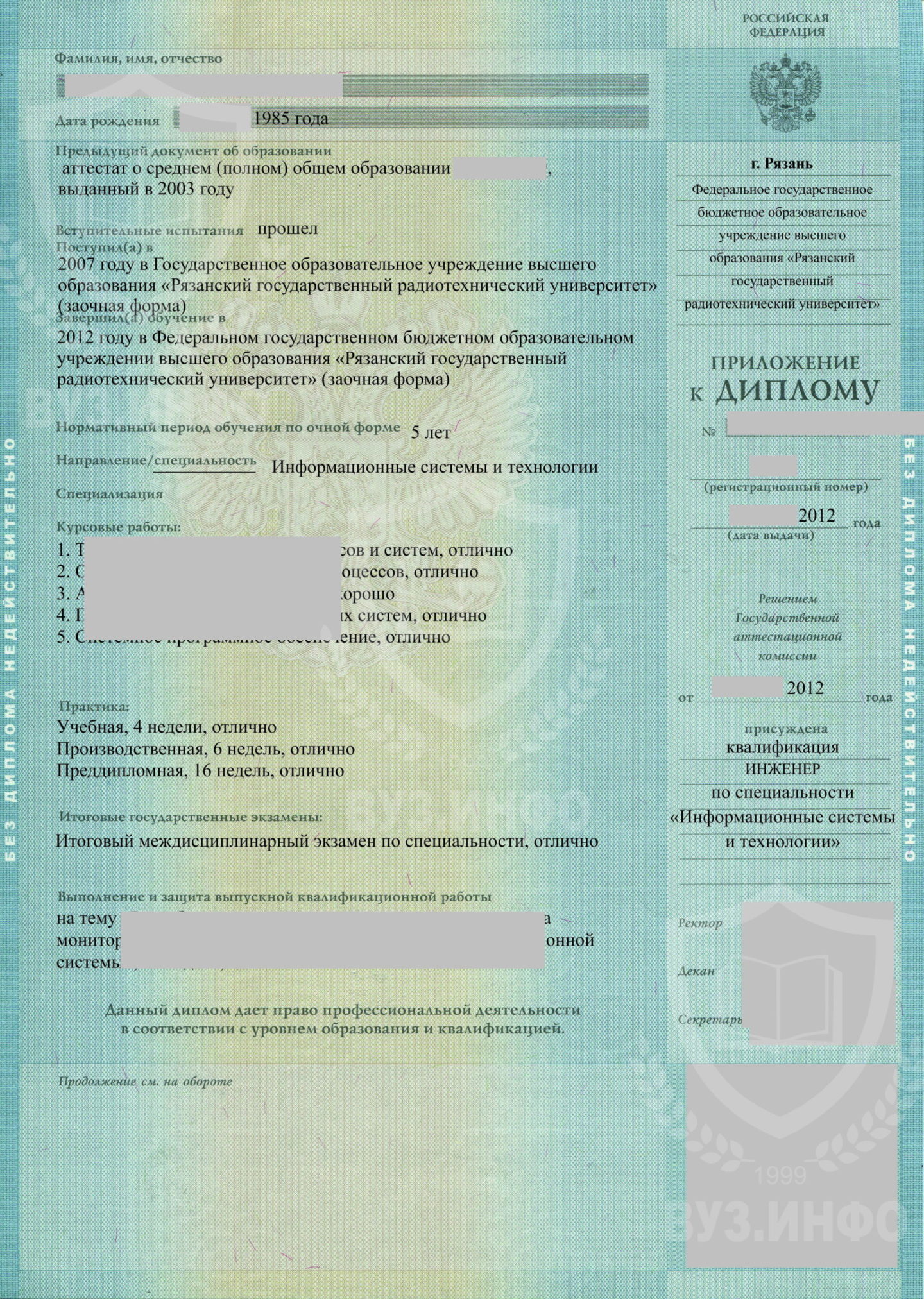 Приложение к диплом о высшем образовании 2012 года РГРТУ